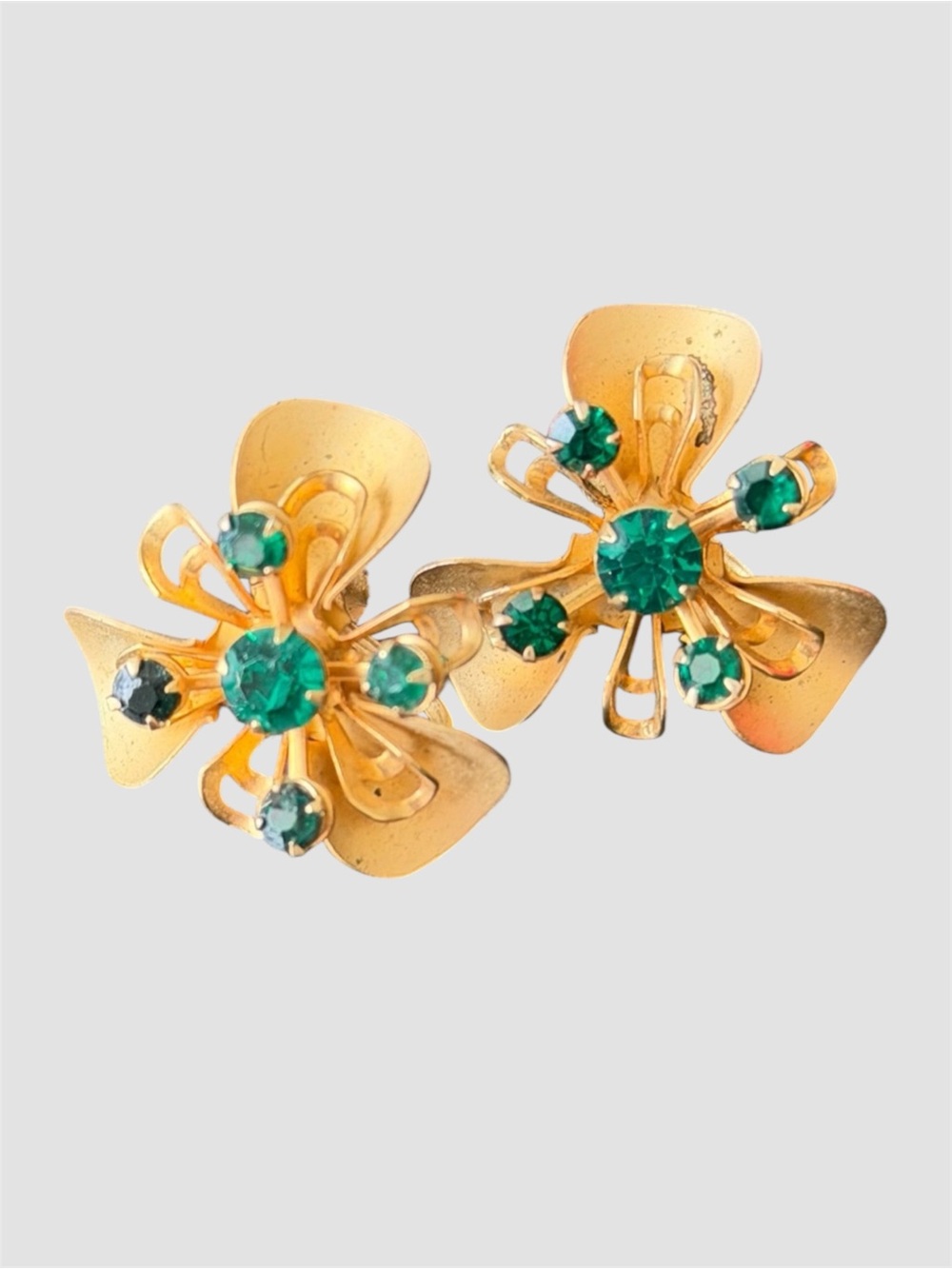 Vintage‎ Floral Spray Bouquet Emerald Green Rhinestone Bouquet Clip On Earrings